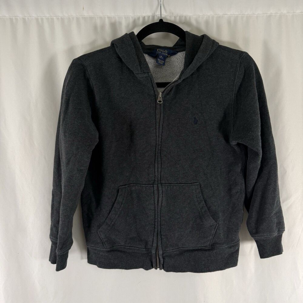 Polo Ralph Lauren Hoodie Boys Medium 10-12 Grey Full Zip Pockets Cotton Blend